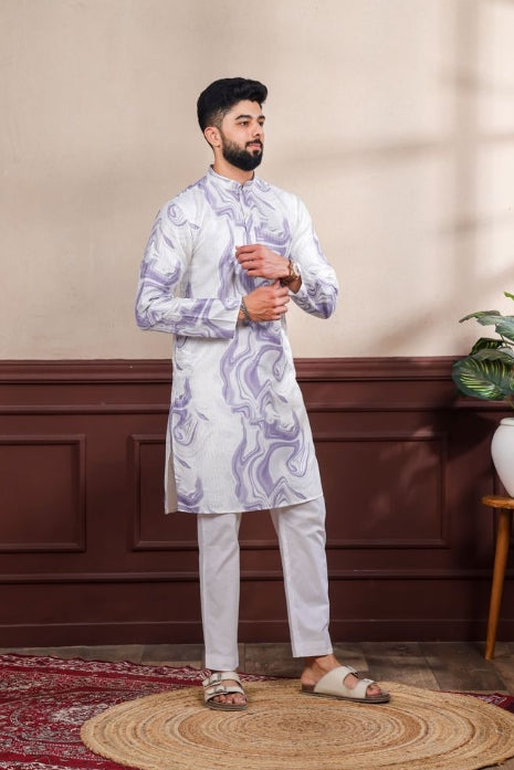 Regal Purple Art Silk Festive Kurta with Payjama | Digital Print & Sequin Embroidery