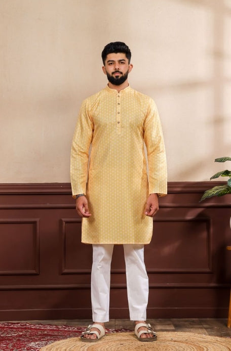 Bright Yellow Art Silk Festive Kurta with Payjama | Digital Print & Sequin Embroidery