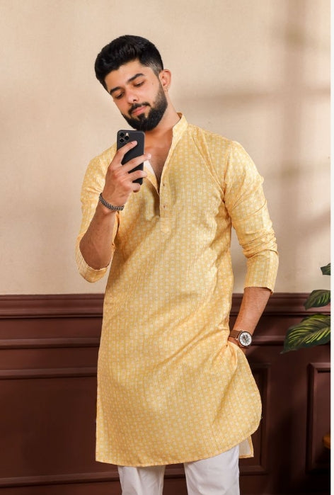 Bright Yellow Art Silk Festive Kurta with Payjama | Digital Print & Sequin Embroidery