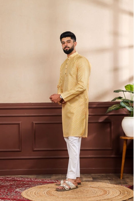 Bright Yellow Art Silk Festive Kurta with Payjama | Digital Print & Sequin Embroidery