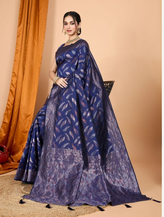 Majestic Navy Blue Soft Silk Saree | Woven Double Jari Design Party Wear Couture
