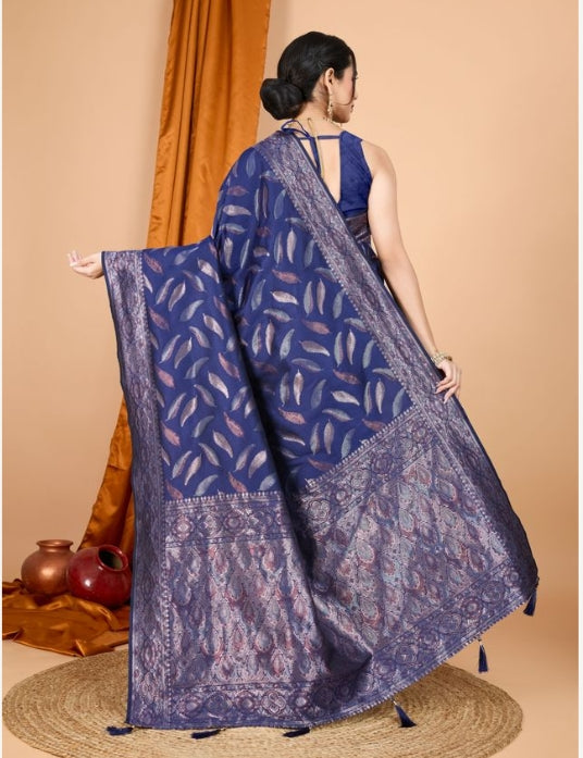 Majestic Navy Blue Soft Silk Saree | Woven Double Jari Design Party Wear Couture