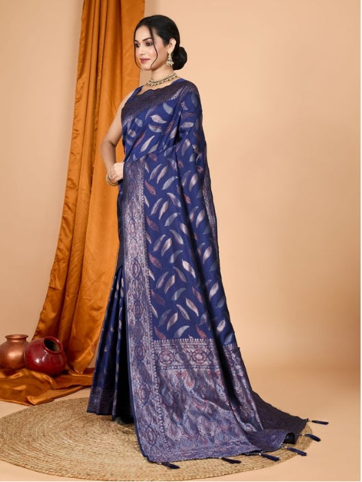 Majestic Navy Blue Soft Silk Saree | Woven Double Jari Design Party Wear Couture