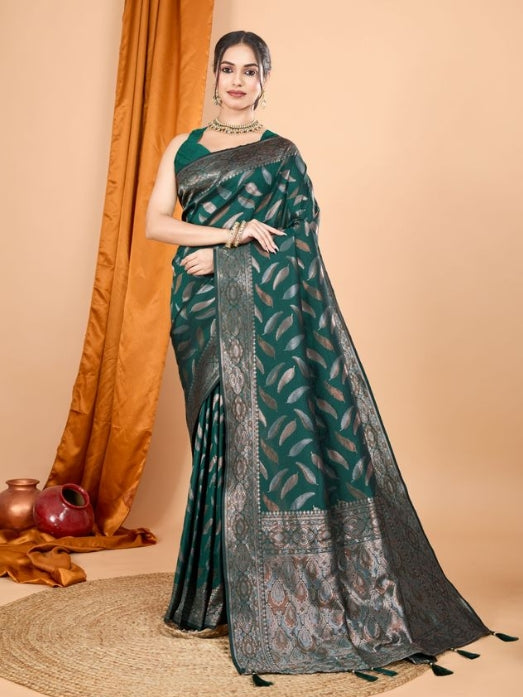 Vibrant Green Soft Silk Saree | Woven Double Jari Design Party Wear Couture