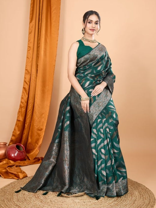 Vibrant Green Soft Silk Saree | Woven Double Jari Design Party Wear Couture
