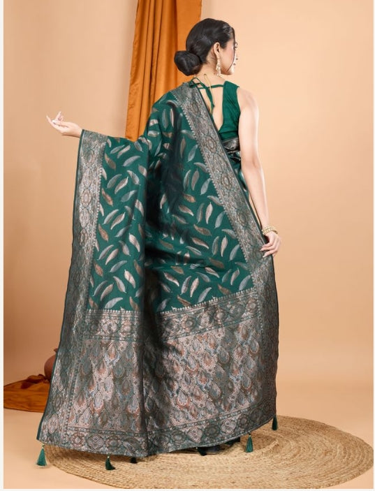 Vibrant Green Soft Silk Saree | Woven Double Jari Design Party Wear Couture