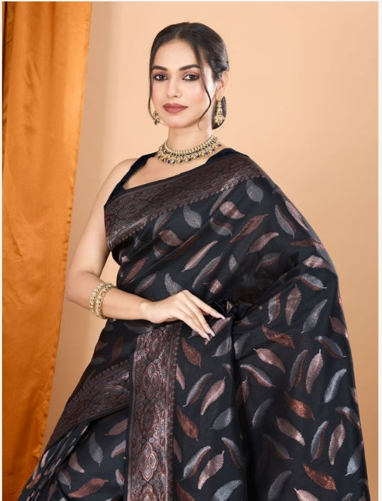 Timeless Black Soft Silk Saree | Woven Double Jari Design Party Wear Couture