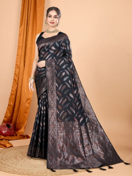 Timeless Black Soft Silk Saree | Woven Double Jari Design Party Wear Couture