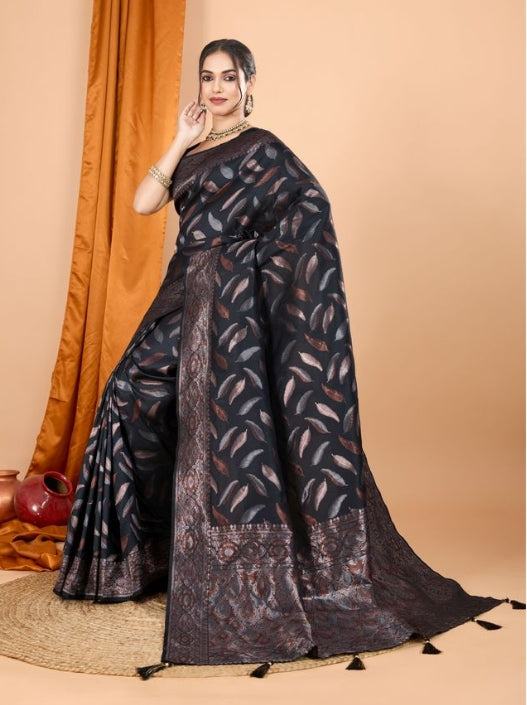 Timeless Black Soft Silk Saree | Woven Double Jari Design Party Wear Couture