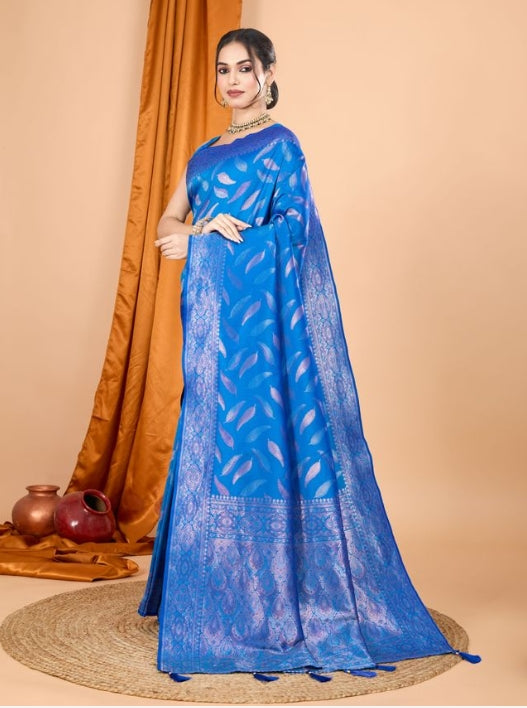 Royal Blue Soft Silk Saree | Woven Double Jari Design Party Wear Couture