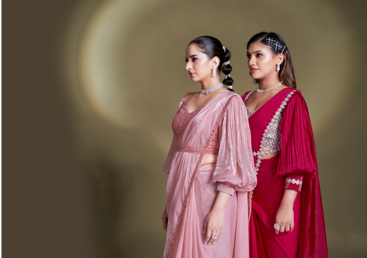 Baby Pink Two Tone Satin Silk Saree | Sequins & Beads Aari Work with Lantern Sleeves Blouse