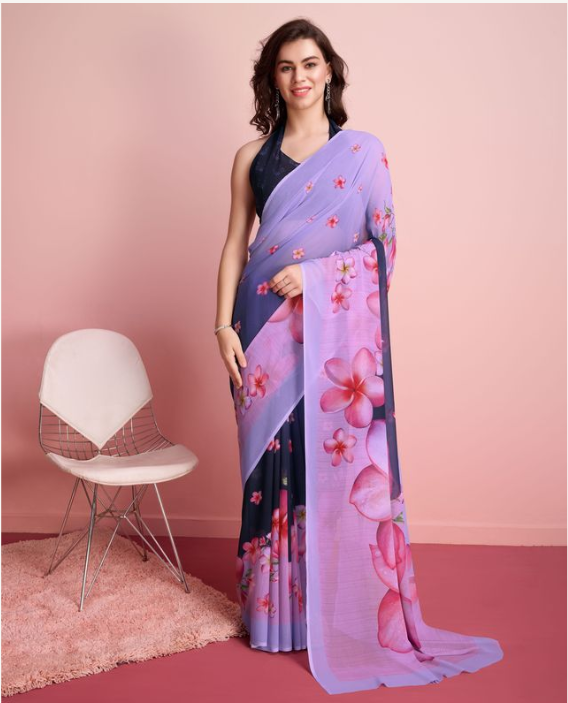 Royal Purple Georgette Party Wear Saree | Designer Printed Georgette Blouse Ensemble