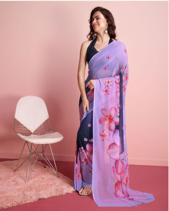 Royal Purple Georgette Party Wear Saree | Designer Printed Georgette Blouse Ensemble