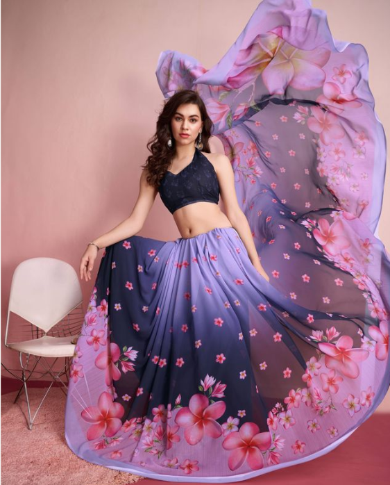 Royal Purple Georgette Party Wear Saree | Designer Printed Georgette Blouse Ensemble