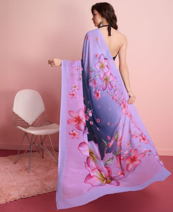 Royal Purple Georgette Party Wear Saree | Designer Printed Georgette Blouse Ensemble