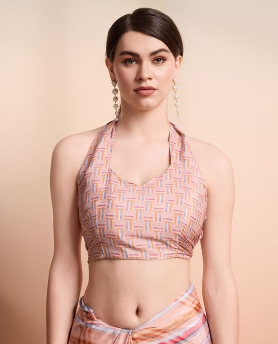 Soft Peach Georgette Party Wear Saree | Designer Printed Georgette Blouse Ensemble