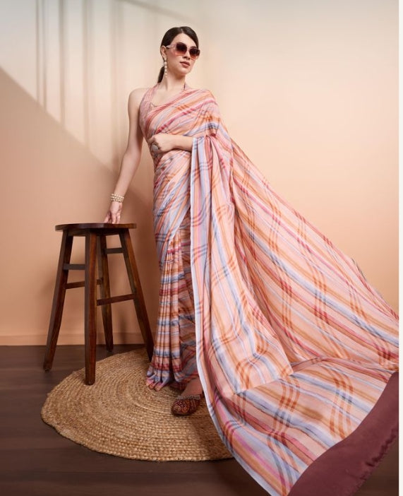 Soft Peach Georgette Party Wear Saree | Designer Printed Georgette Blouse Ensemble