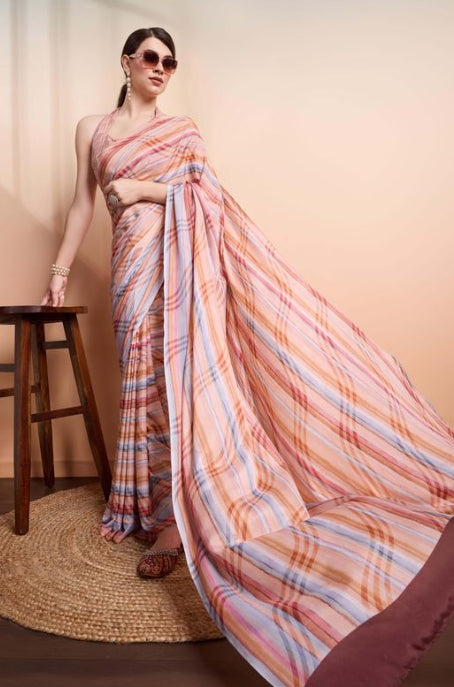 Soft Peach Georgette Party Wear Saree | Designer Printed Georgette Blouse Ensemble