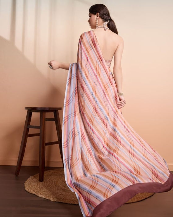 Soft Peach Georgette Party Wear Saree | Designer Printed Georgette Blouse Ensemble