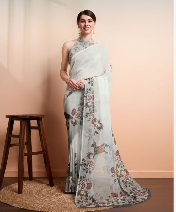 Elegant Grey Georgette Party Wear Saree | Designer Printed Georgette Blouse Ensemble