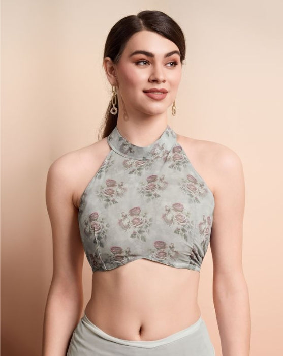 Elegant Grey Georgette Party Wear Saree | Designer Printed Georgette Blouse Ensemble