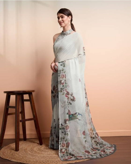 Elegant Grey Georgette Party Wear Saree | Designer Printed Georgette Blouse Ensemble
