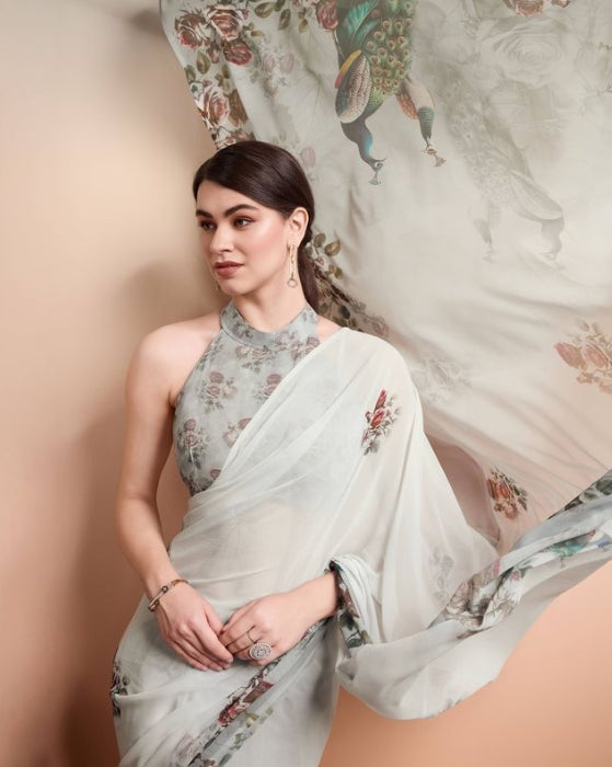 Elegant Grey Georgette Party Wear Saree | Designer Printed Georgette Blouse Ensemble