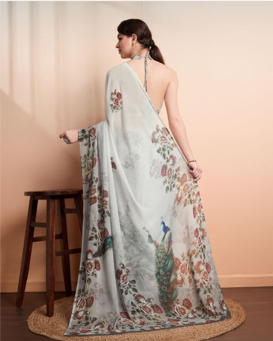 Elegant Grey Georgette Party Wear Saree | Designer Printed Georgette Blouse Ensemble