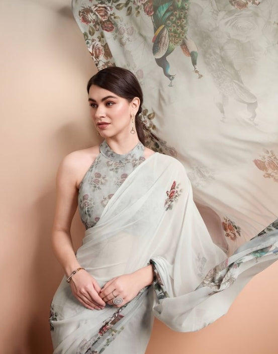 Elegant Grey Georgette Party Wear Saree | Designer Printed Georgette Blouse Ensemble