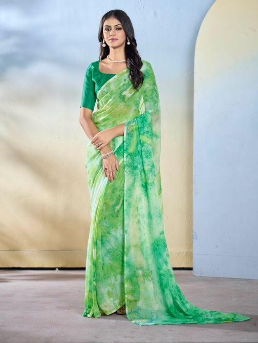 Sea Green Georgette Ready-to-Wear Saree | Designer Printed Festive Ensemble