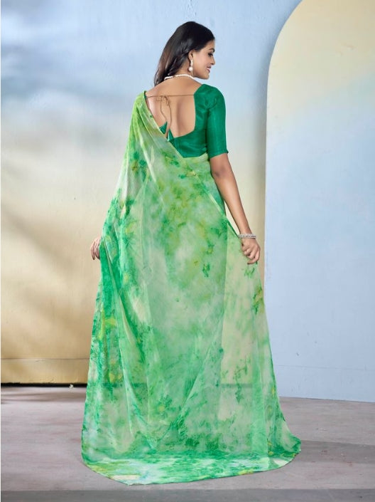 Sea Green Georgette Ready-to-Wear Saree | Designer Printed Festive Ensemble