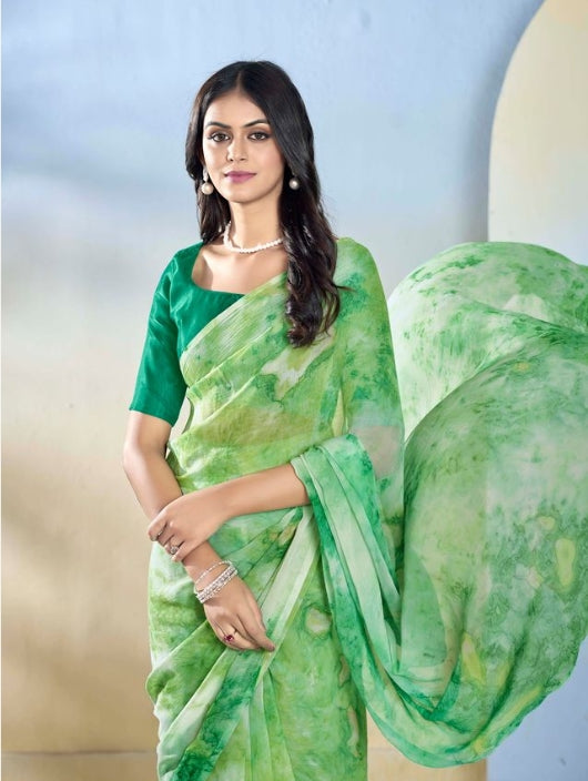Sea Green Georgette Ready-to-Wear Saree | Designer Printed Festive Ensemble