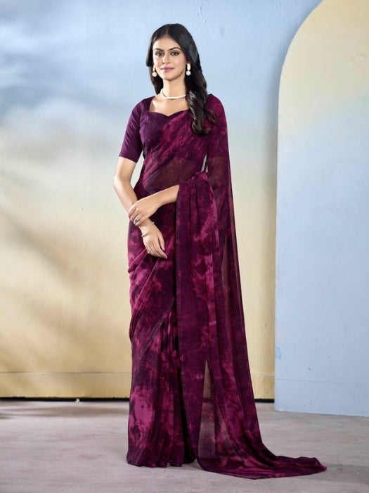 Elegant Wine Georgette Ready-to-Wear Saree | Designer Printed Festive Ensemble
