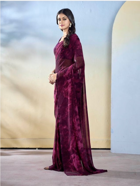 Elegant Wine Georgette Ready-to-Wear Saree | Designer Printed Festive Ensemble