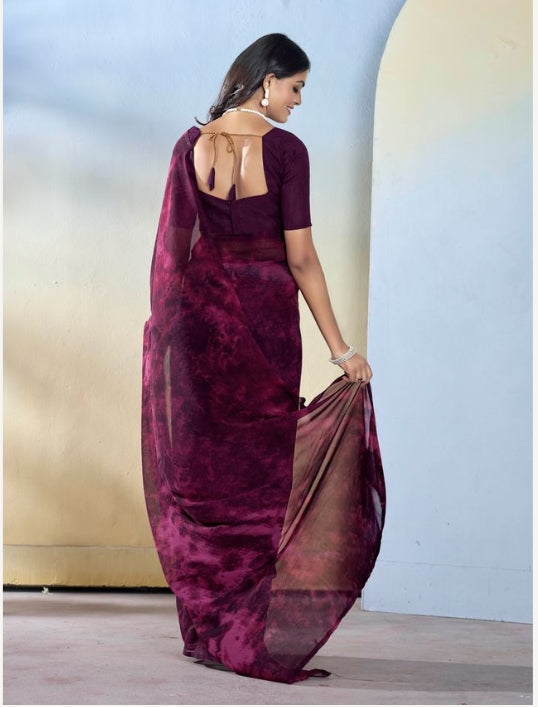 Elegant Wine Georgette Ready-to-Wear Saree | Designer Printed Festive Ensemble