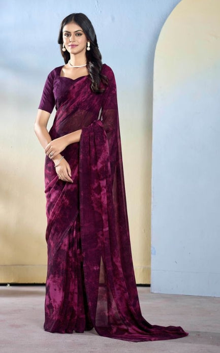 Elegant Wine Georgette Ready-to-Wear Saree | Designer Printed Festive Ensemble
