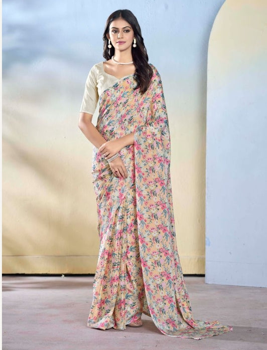 Ethereal Off White Georgette Ready-to-Wear Saree | Designer Printed Festive Ensemble