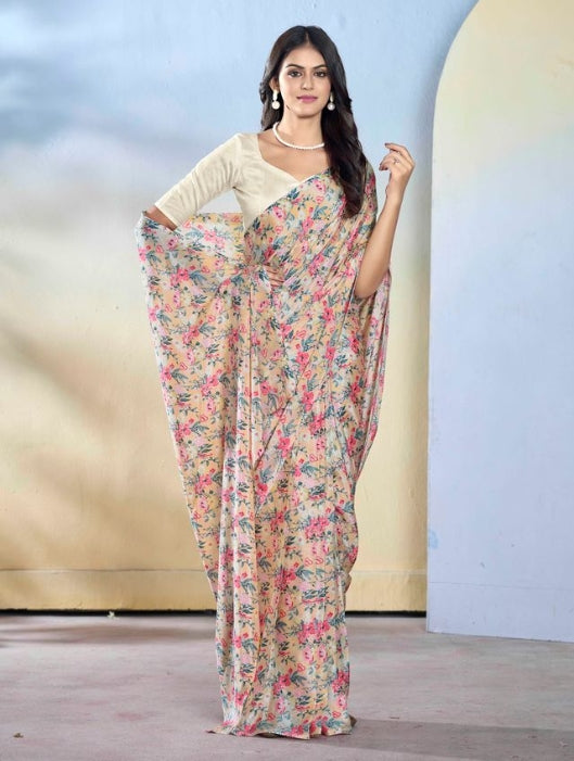 Ethereal Off White Georgette Ready-to-Wear Saree | Designer Printed Festive Ensemble