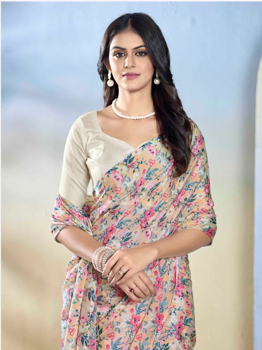 Ethereal Off White Georgette Ready-to-Wear Saree | Designer Printed Festive Ensemble