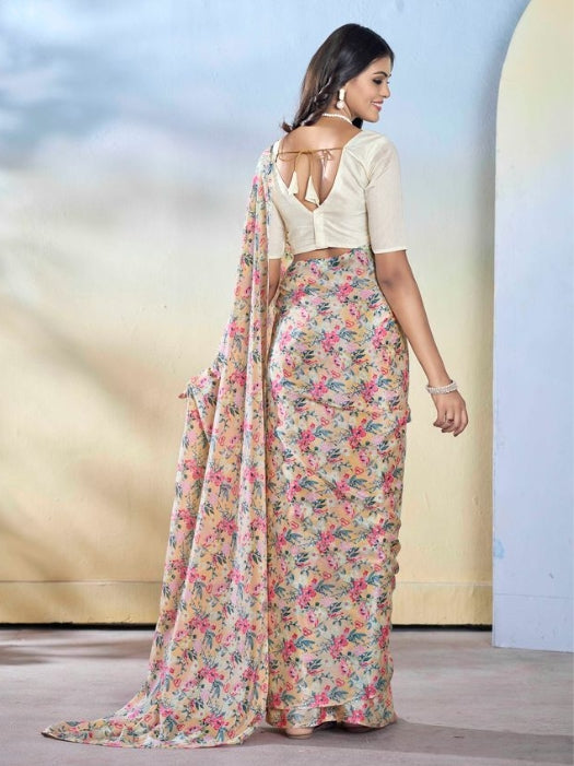 Ethereal Off White Georgette Ready-to-Wear Saree | Designer Printed Festive Ensemble