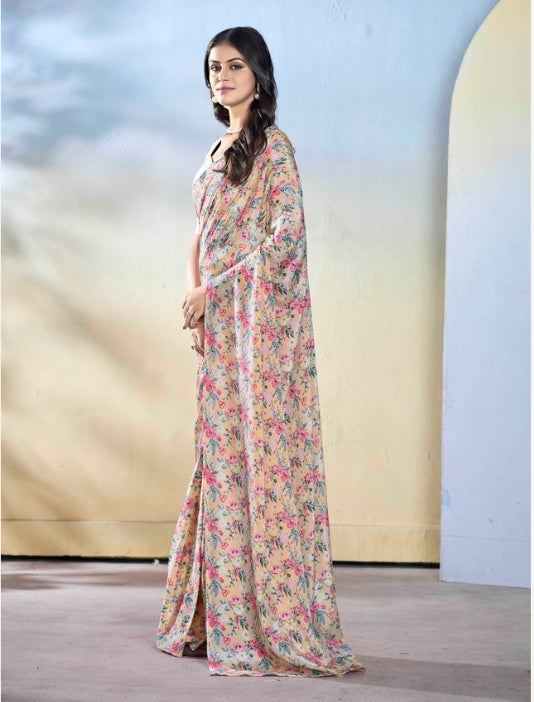 Ethereal Off White Georgette Ready-to-Wear Saree | Designer Printed Festive Ensemble