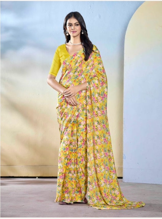 Sunny Yellow Georgette Ready-to-Wear Saree | Designer Printed Festive Ensemble