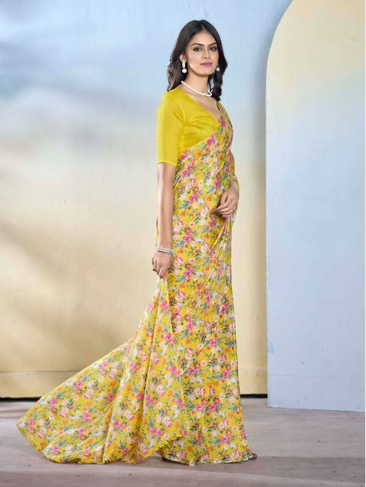 Sunny Yellow Georgette Ready-to-Wear Saree | Designer Printed Festive Ensemble