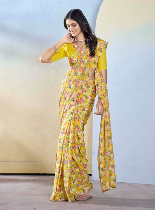 Sunny Yellow Georgette Ready-to-Wear Saree | Designer Printed Festive Ensemble