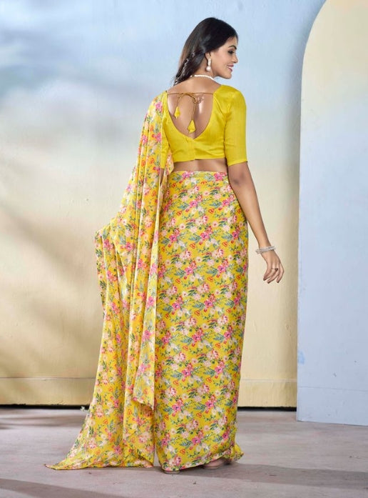 Sunny Yellow Georgette Ready-to-Wear Saree | Designer Printed Festive Ensemble