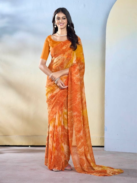 Vibrant Orange Georgette Ready-to-Wear Saree | Designer Printed Festive Ensemble