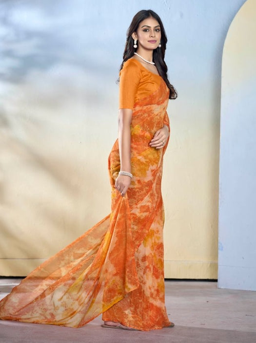 Vibrant Orange Georgette Ready-to-Wear Saree | Designer Printed Festive Ensemble
