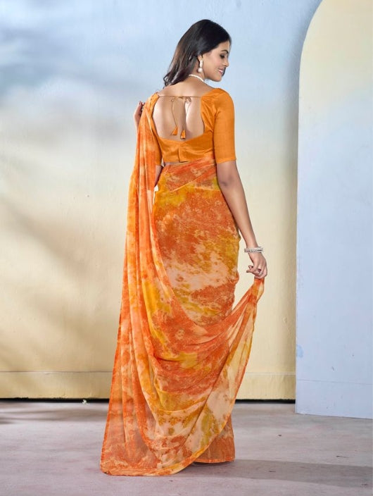 Vibrant Orange Georgette Ready-to-Wear Saree | Designer Printed Festive Ensemble