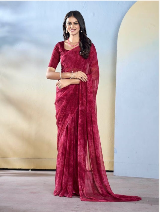 Royal Burgundy Georgette Ready-to-Wear Saree | Designer Printed Festive Ensemble
