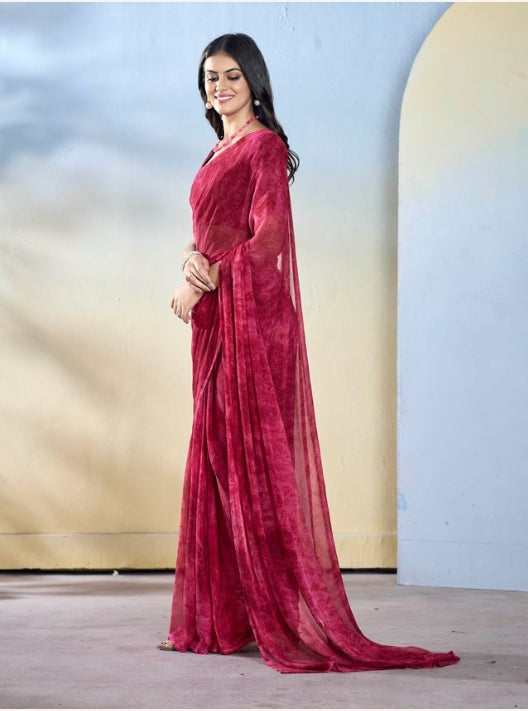 Royal Burgundy Georgette Ready-to-Wear Saree | Designer Printed Festive Ensemble